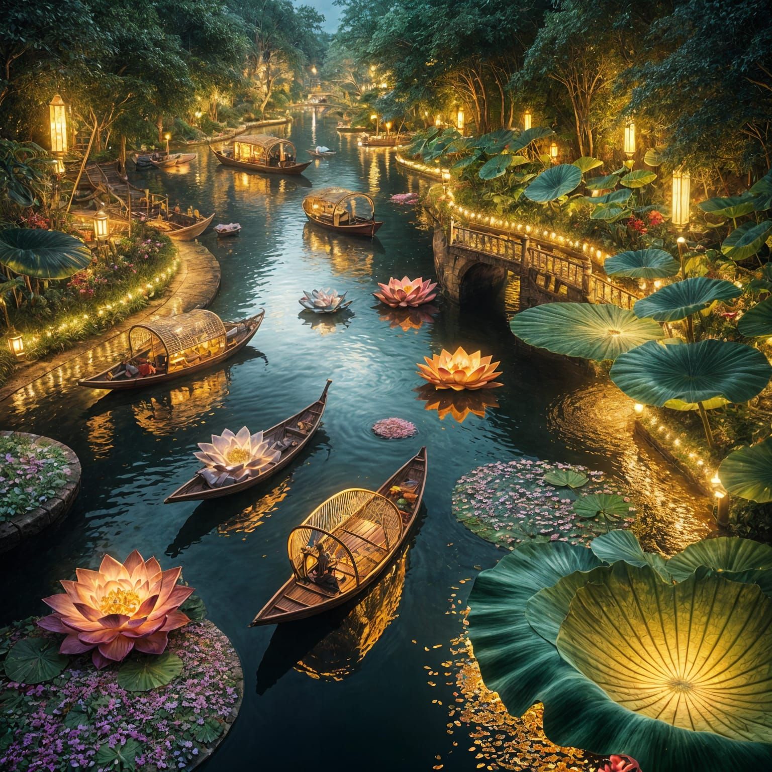 Mystical River Garden with Floating Petals and Golden Lights
