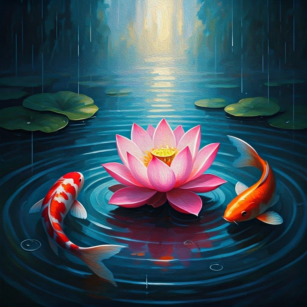 Pink Lotus with Koi Fish in Neo-Impressionist Style