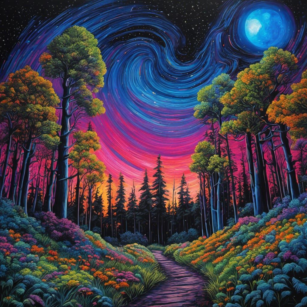 Blacklight Observatory Under a Colorful Starry Sky