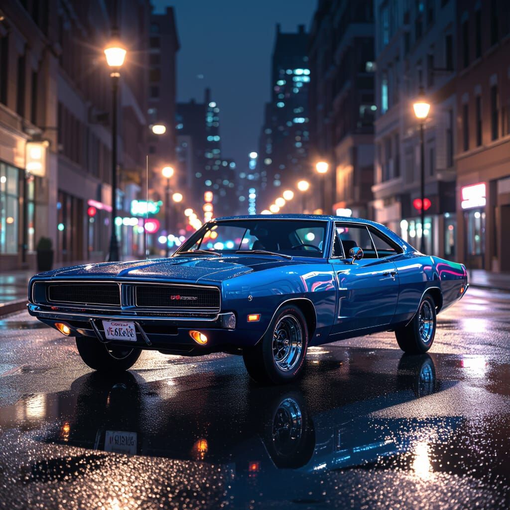 Photorealistic 1969 Dodge Charger on City Street at Night