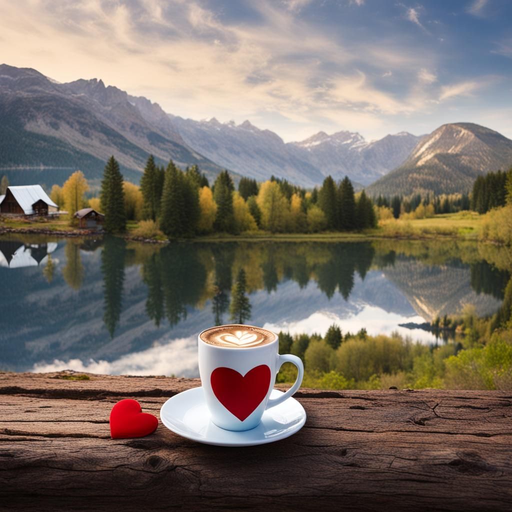 Heart Coffee by Mountains and Lake