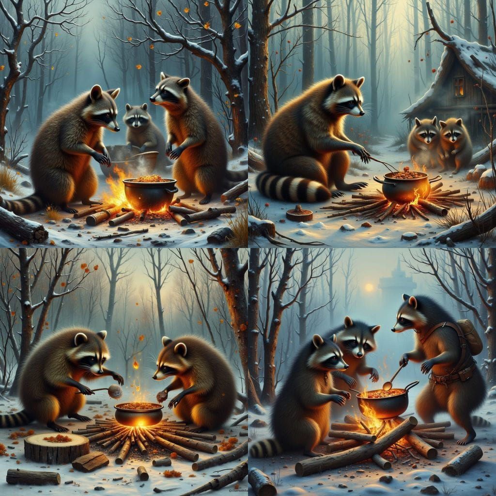 Raccoon Tribe Cooking Food in Post-Apocalyptic Winter