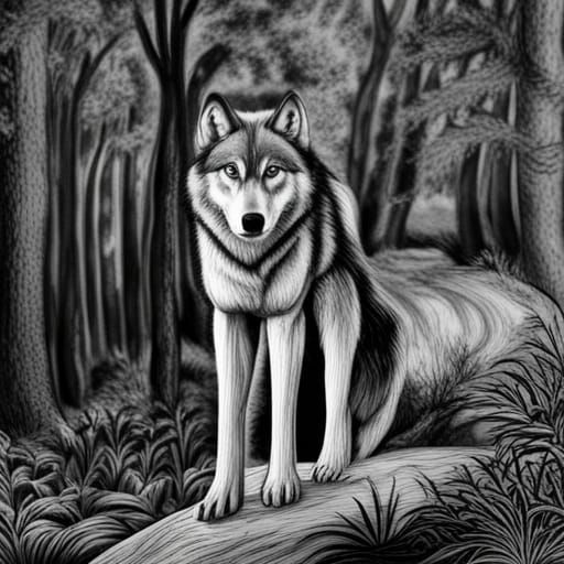 Detailed Charcoal Drawing of a Wolf in Forest