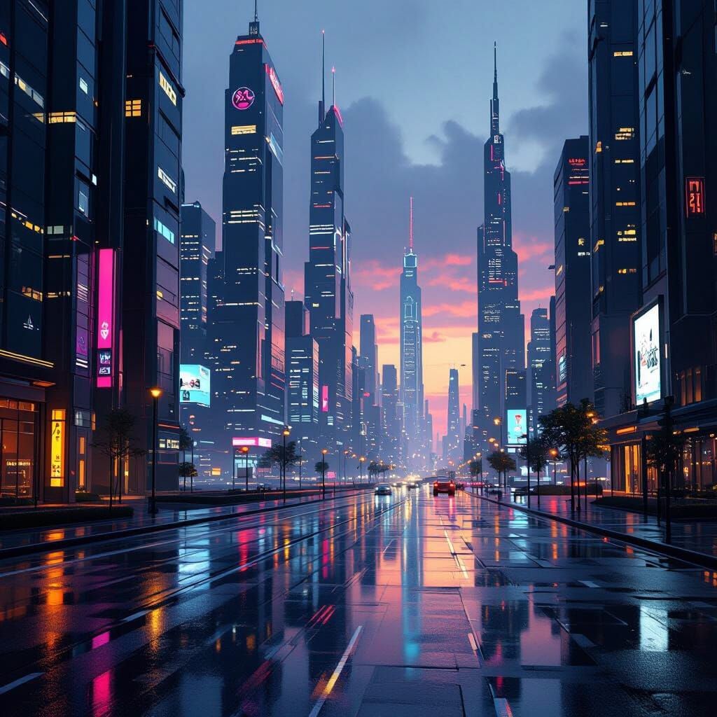 Futuristic Cityscape at Dusk with Neon Lights