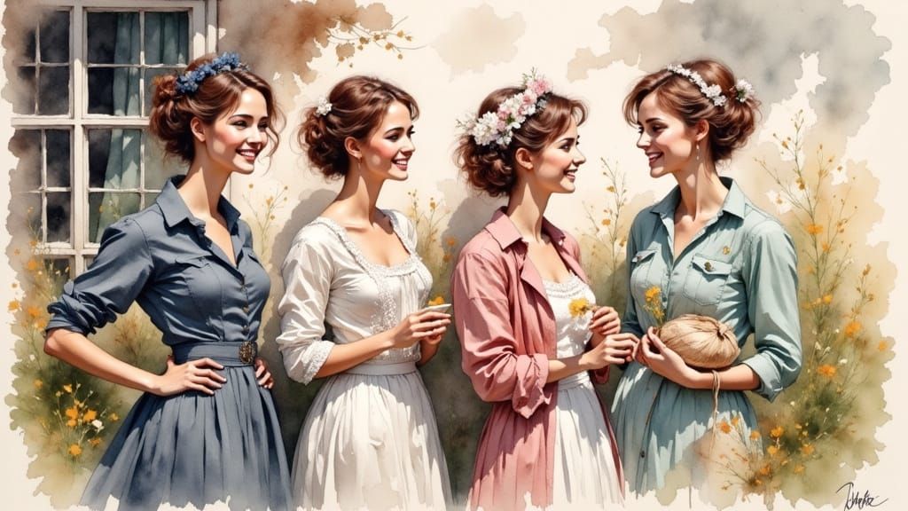 Watercolor Portrait of Sisters Chatting