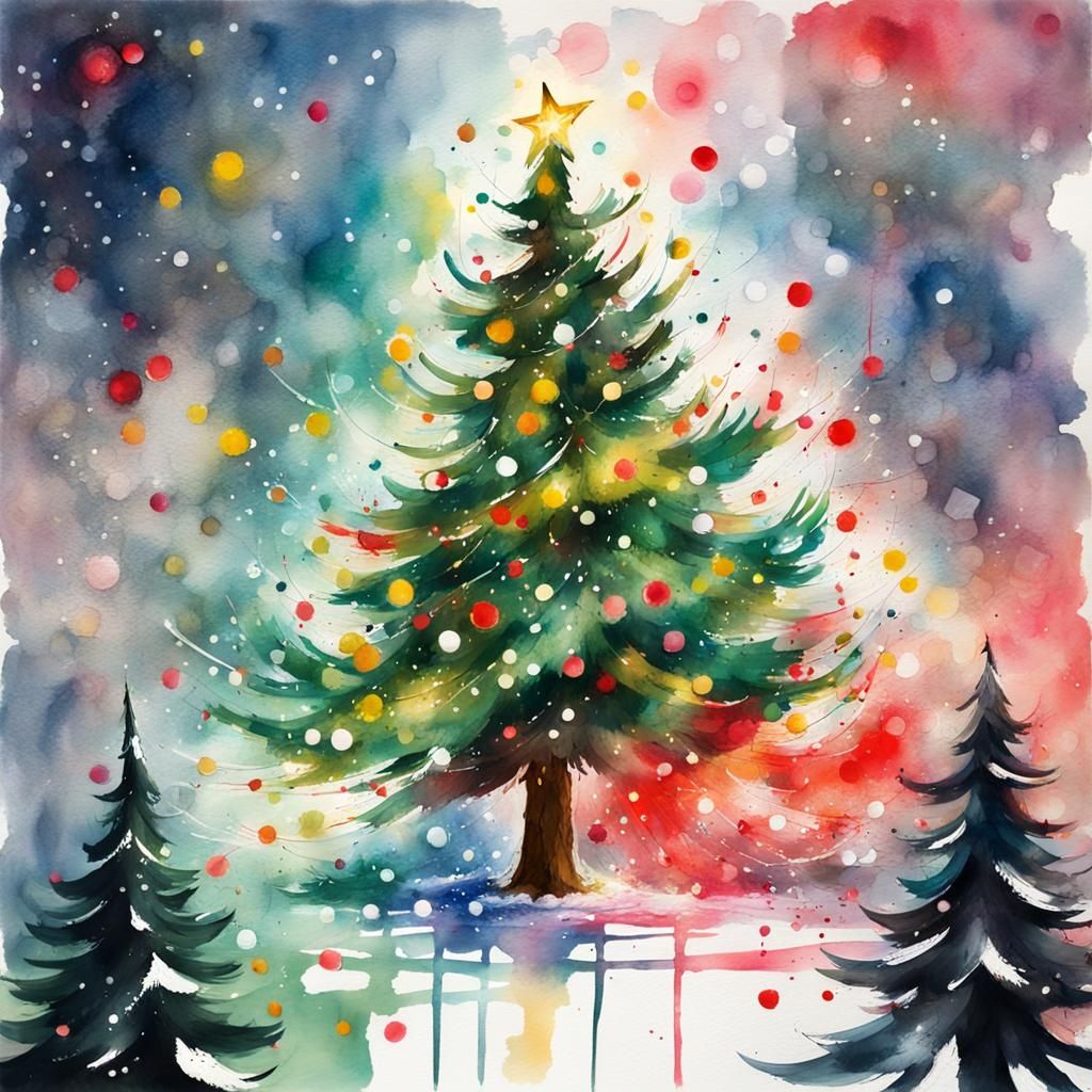 Impressionist Christmas Tree with Ink Blots and Lights