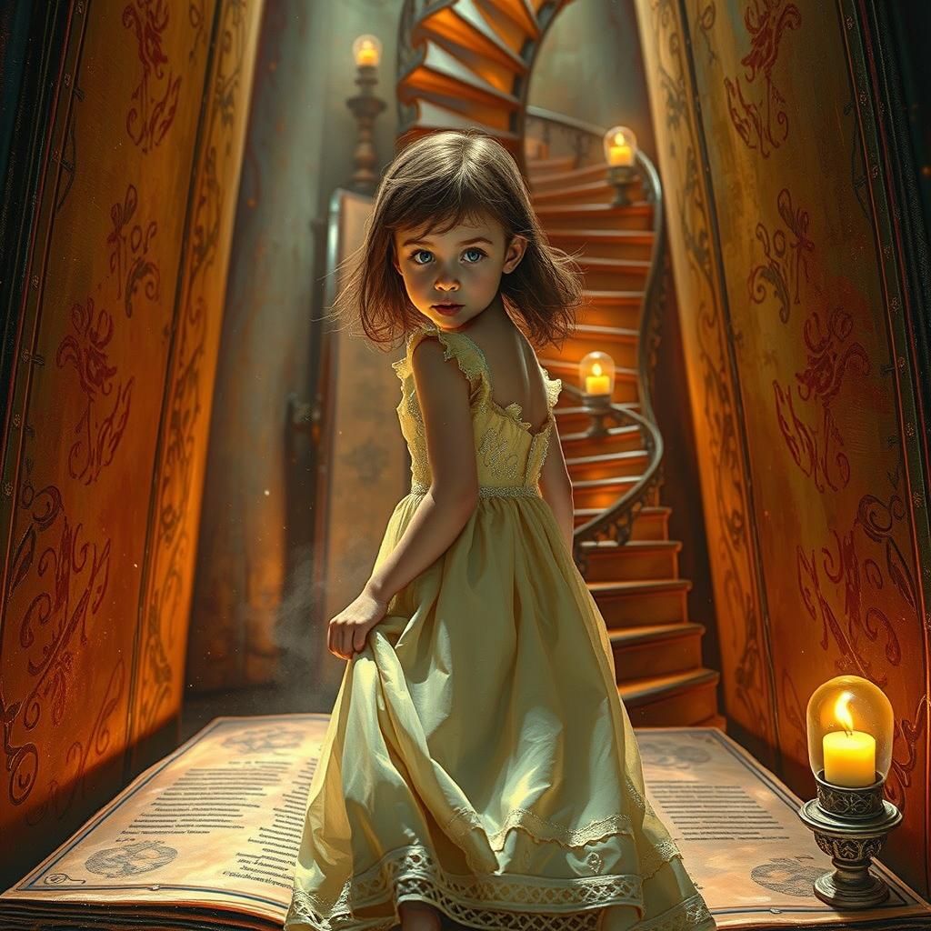 Girl Walks into Giant Book with Stairs Inside