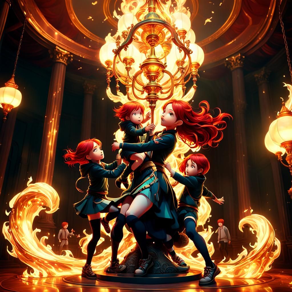 Dynamic 3D Anime Family Climbing a Chandelier