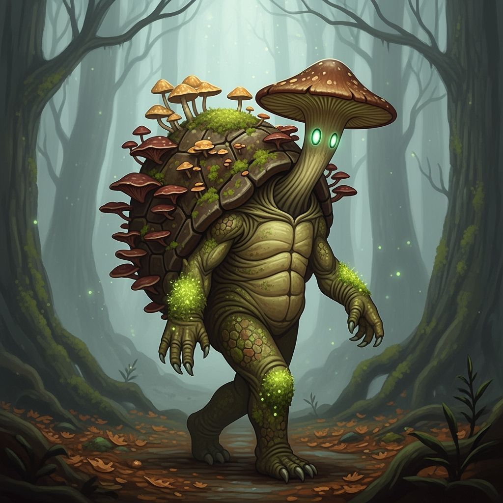 Mushroom-Turtle Hybrid Walks Upright in Fantasy Art Style
