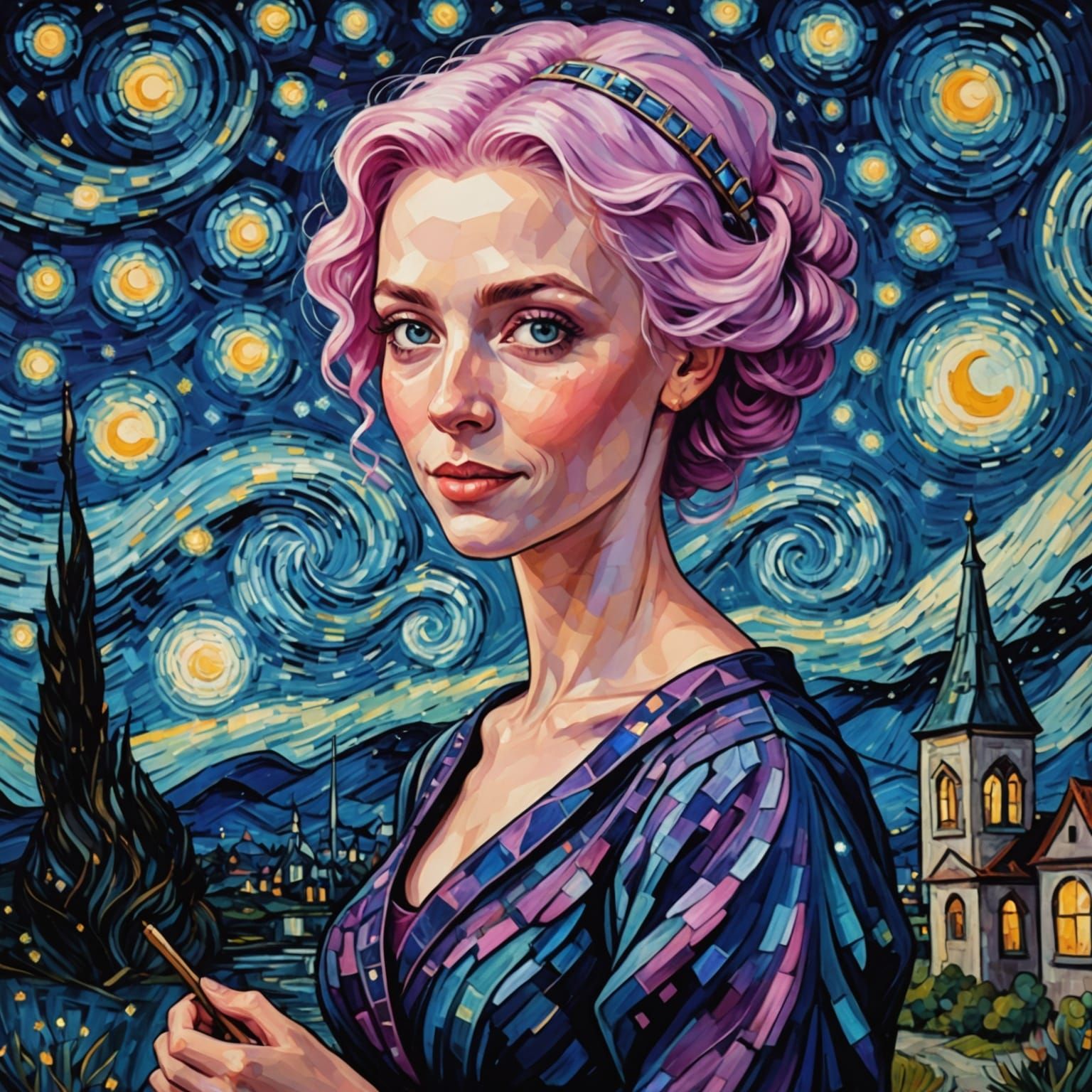 Starry Night Portrait of a Woman in Van Gogh Style