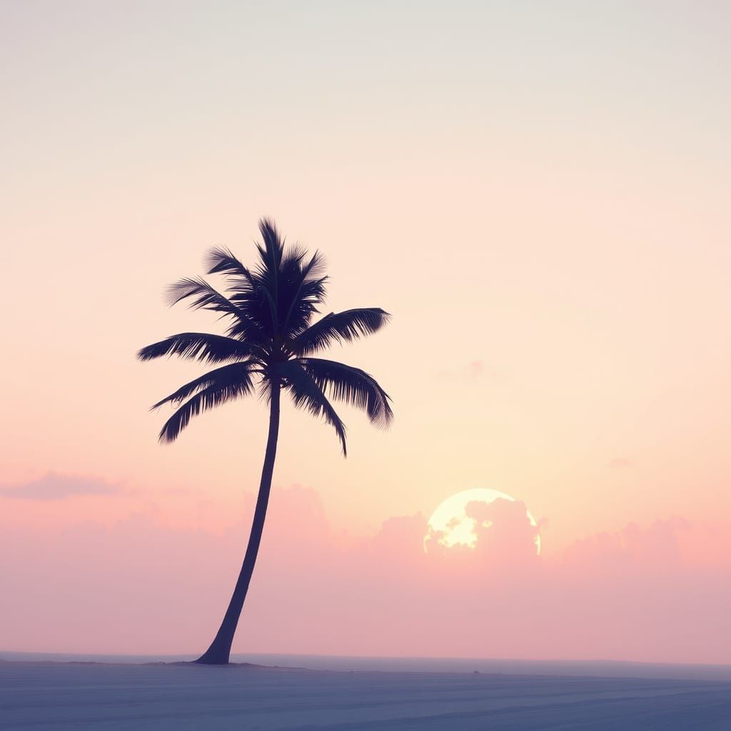 Miami Sunset Palm Tree in Hazy, Scanline-Filled Sky