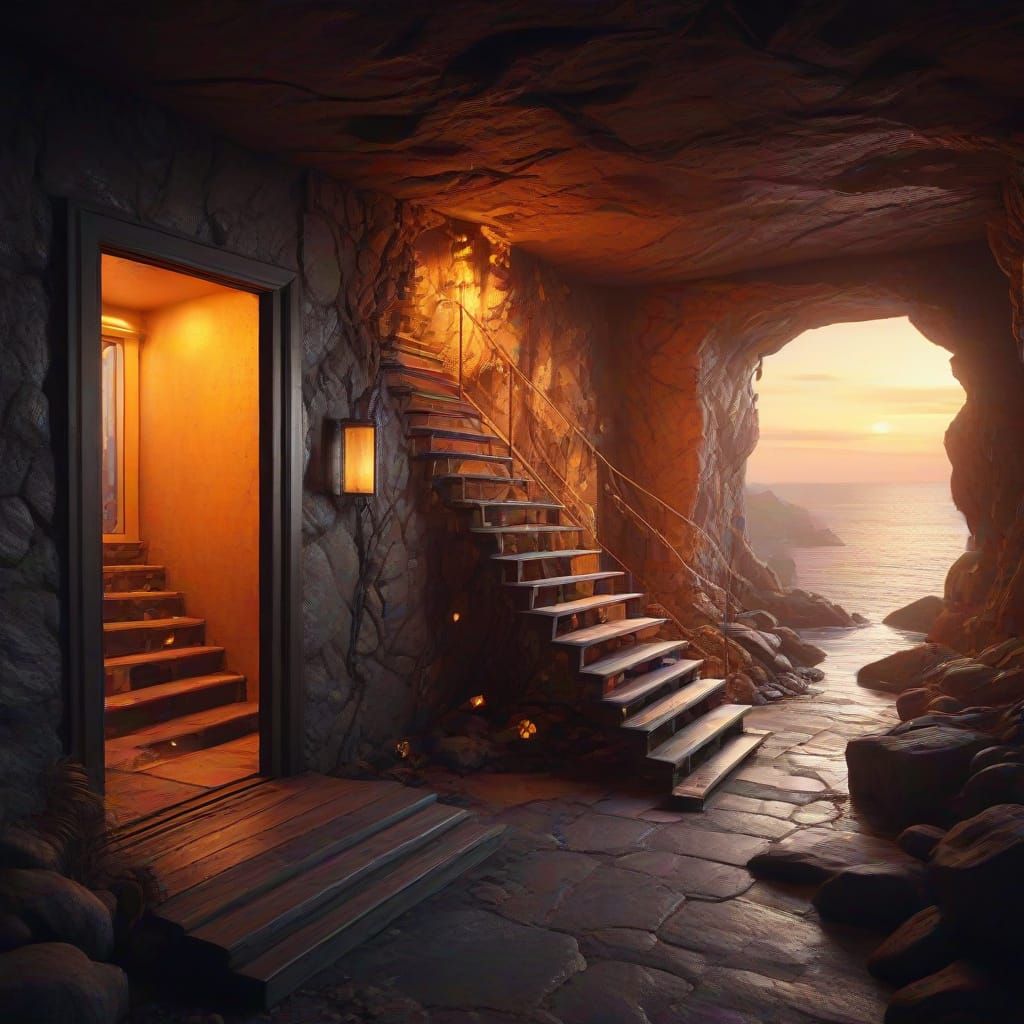 Modern Cave Dwelling Overlooking Sea, Fantasy Art