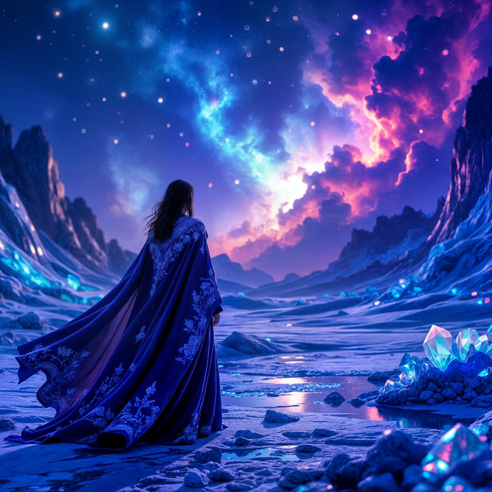 Woman Gazing at Nebula on Alien Planet in Surrealism