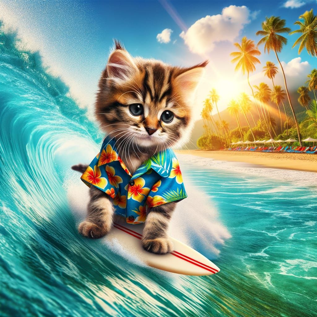 Tabby Kitten Surfing in Hawaiian Shirt