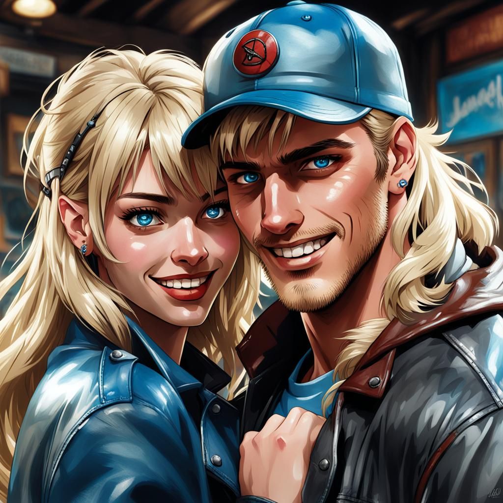 Pop Art Embrace: Muscular Man and Smiling Girl