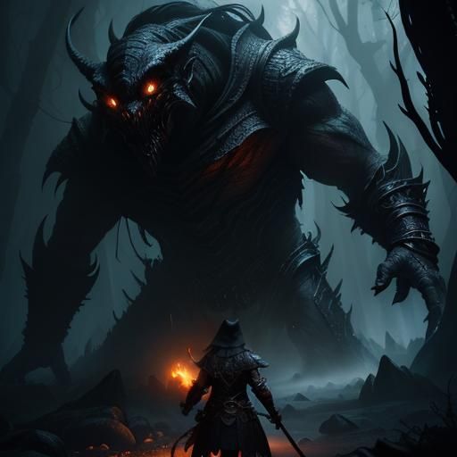 Brave Adventurer Faces Shadow Creature in Fantasy Art