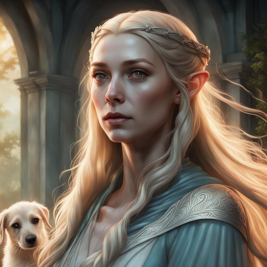 Galadriel and Dog Portrait in Art Nouveau Style
