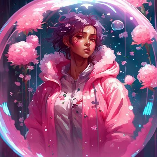 Anime Woman in Bubble with Flowers and Stars