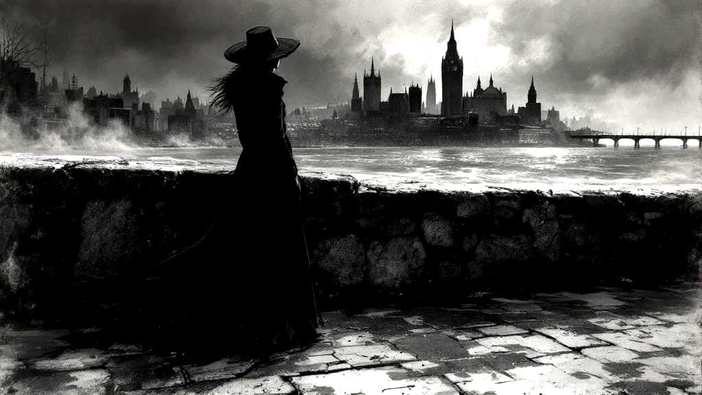 Mysterious Women in Film Noir Style Charcoal Drawing