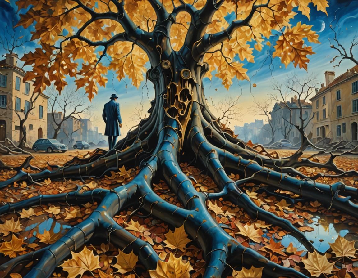 Surreal Autumnal Scene with Melting Clockwork, as Oil Painti...