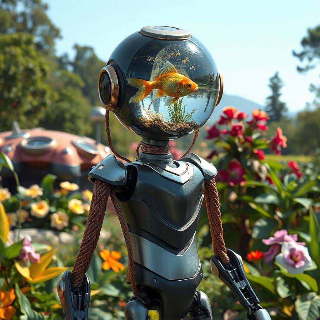 Robot in Futuristic Garden with Aquatic Sphere Head