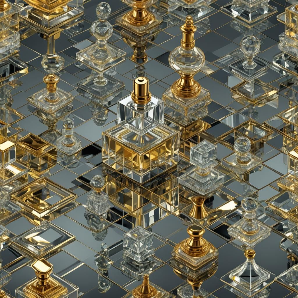 Luxurious Fractal Chess Scene with Perfume Bottles