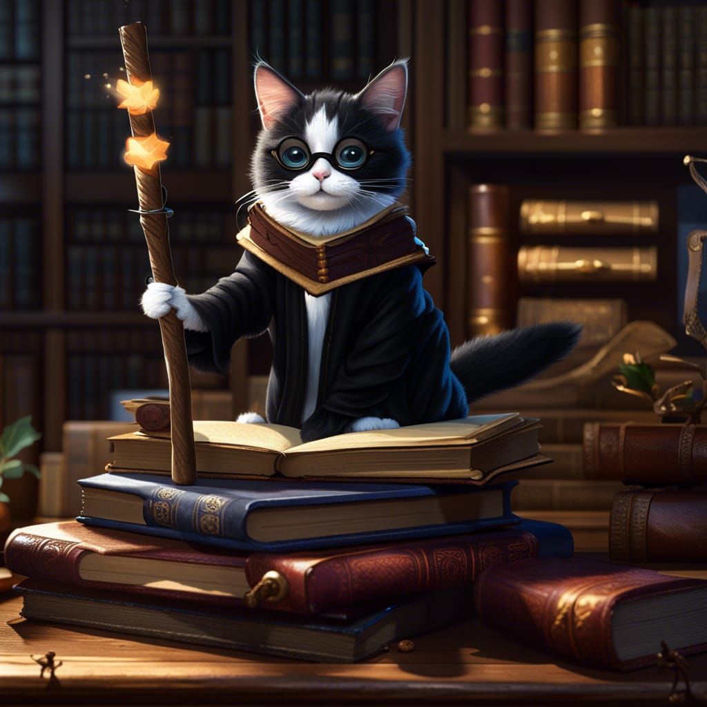 Wizard Kitten Levitates Treat in Dark Library