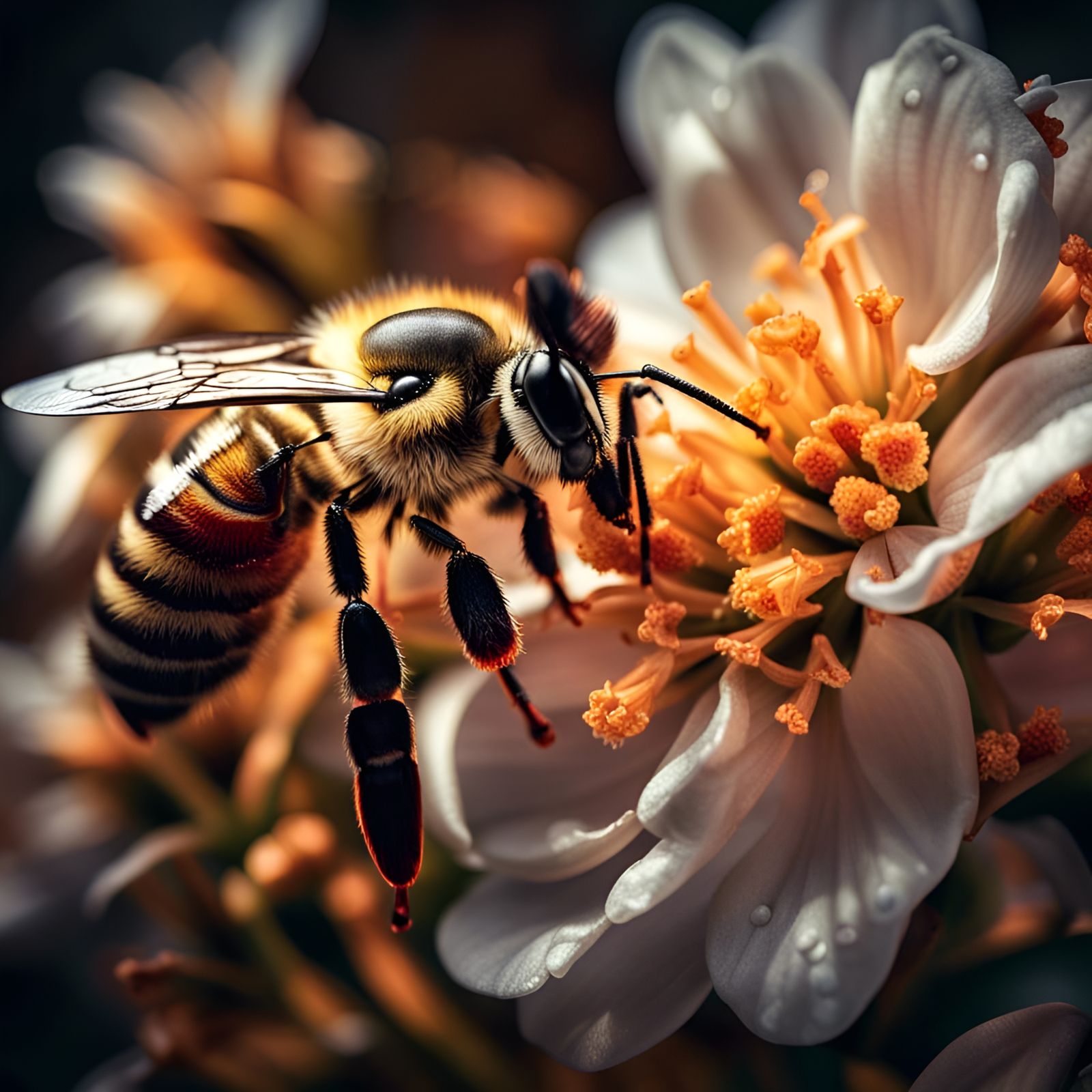Honey Bee Pollinating Flower in Hyperrealistic Detail