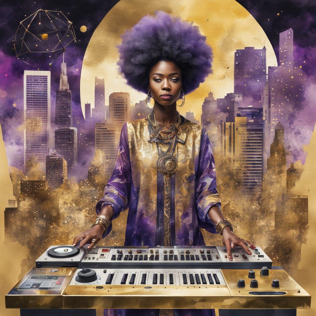 Afrofuturist Woman Playing Percussion in Maximalist Collage