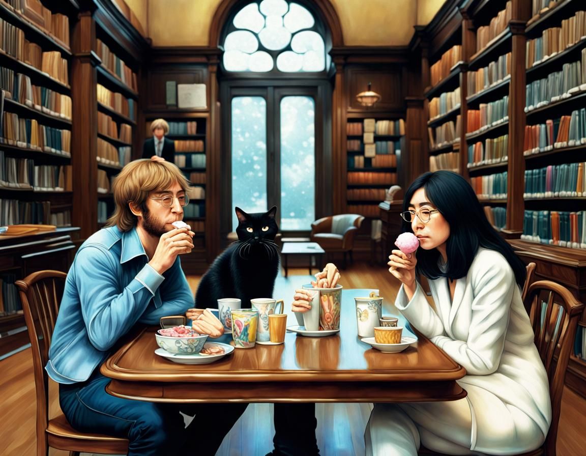John Lennon and Yoko Ono in Library