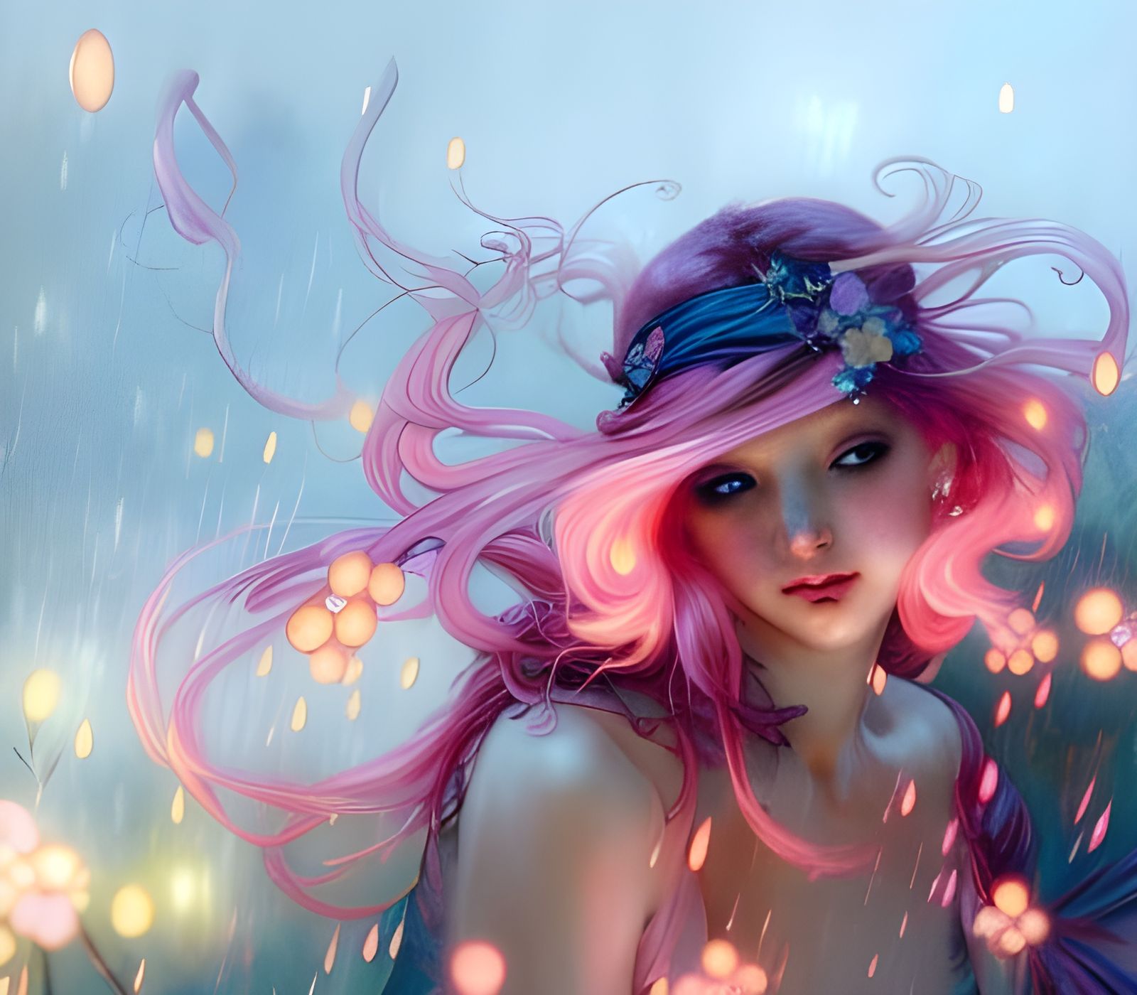 Fairy with pink hair dancing in the rain