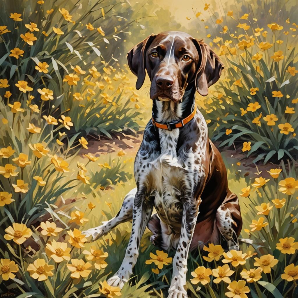 German Shorthair Pointer in Vibrant Yellow Blooms Under Warm...