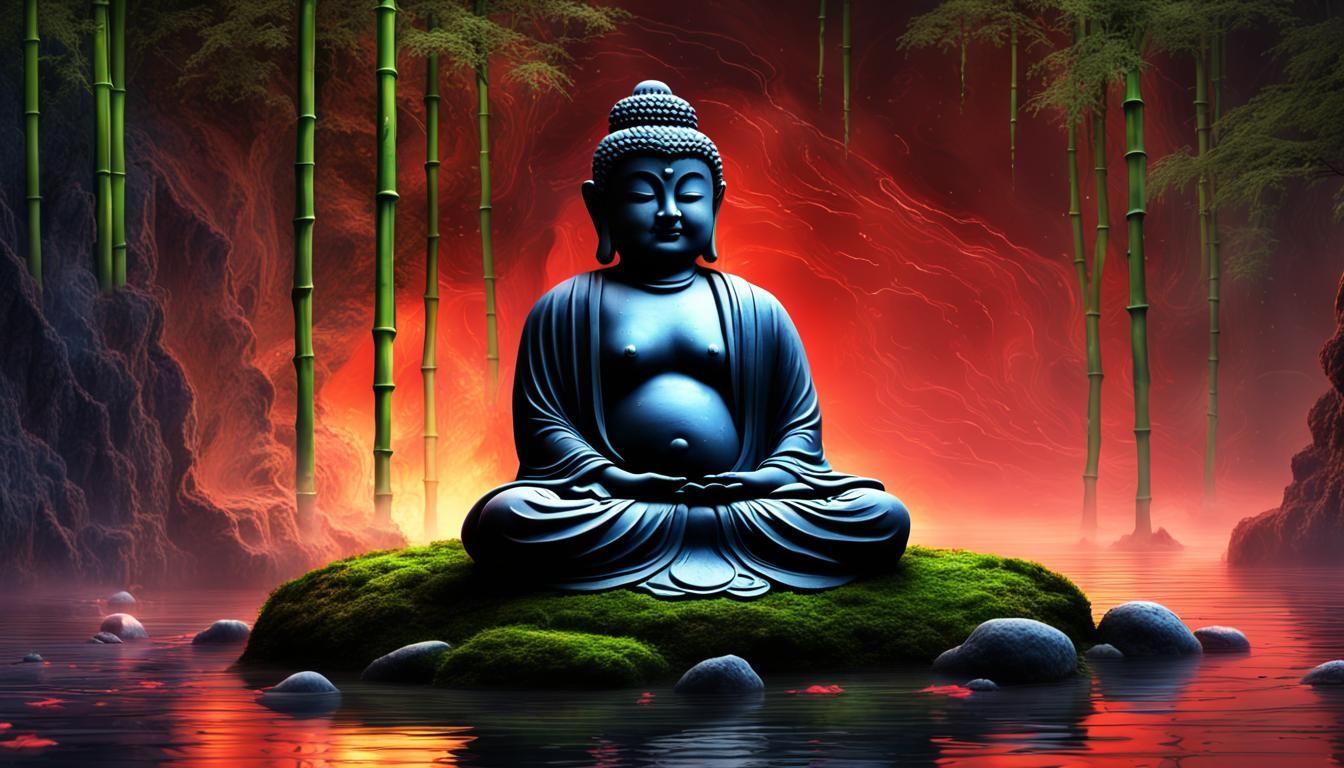 Moss-Covered Buddha in Stormy Cave with Lotus Flowers