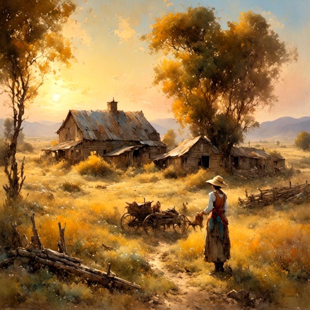 Farm Woman in Golden Sunset: American Realism Painting