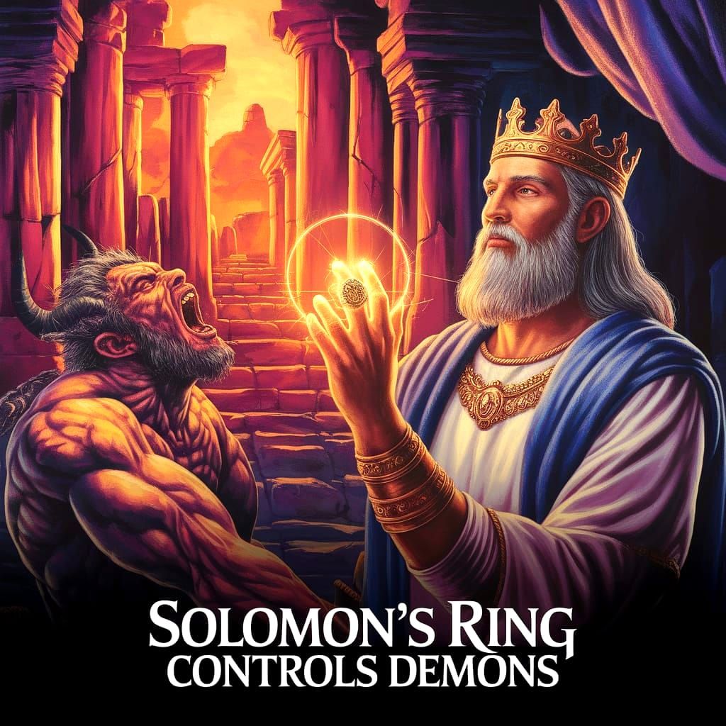 King Solomon Commands Demons with Glowing Ring in Ancient Ru...