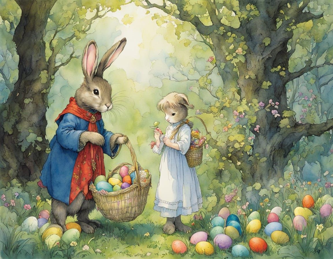 Easter Bunny Collecting Eggs in Whimsical Watercolour Style