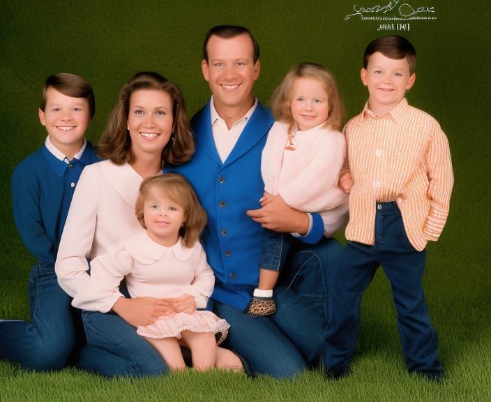Awkward 1980s Family Portrait with Cloudy Backdrop