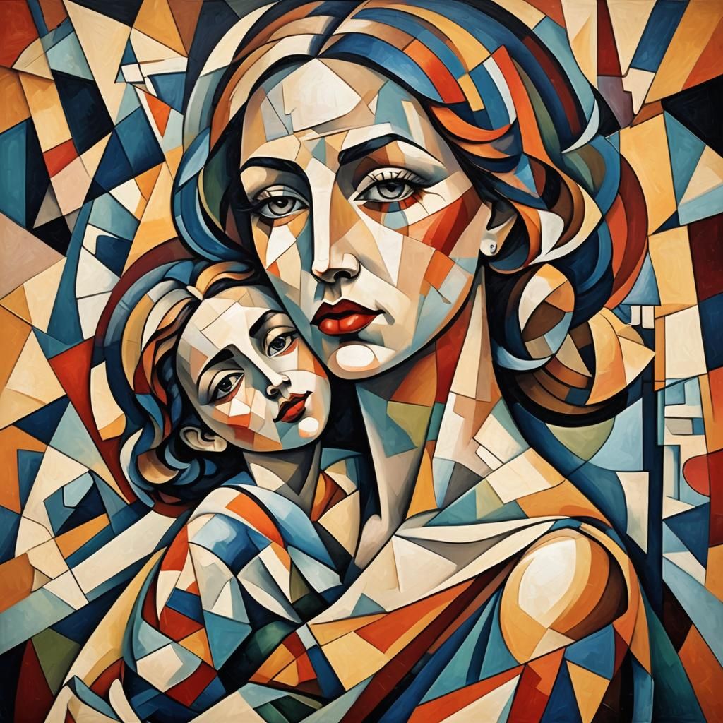 Cubist Motherhood: Geometric Art Deco Painting