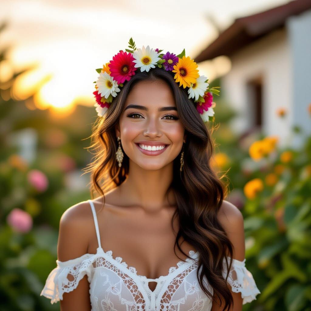 Young Mexican Woman Welcomes Sunrise in Vibrant Garden