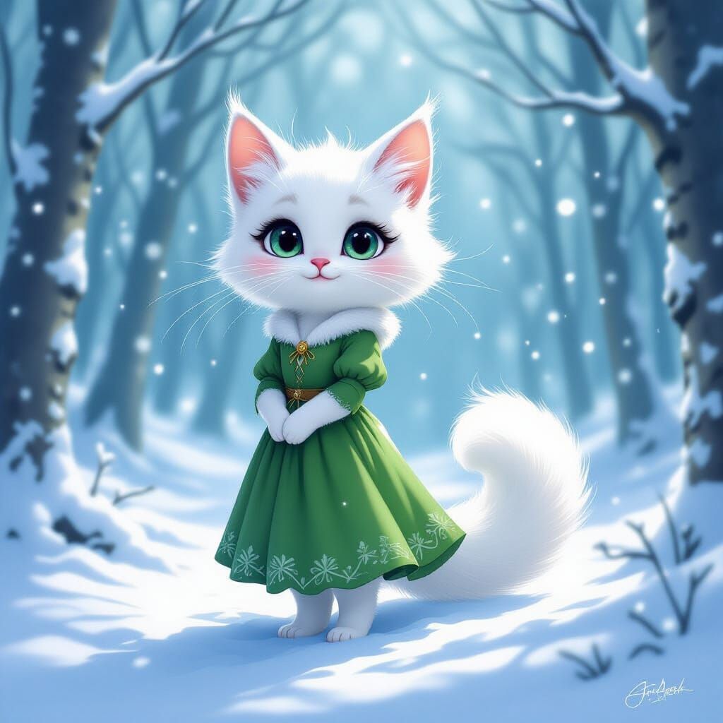 Whimsical Cat Nymph in Snowy Forest