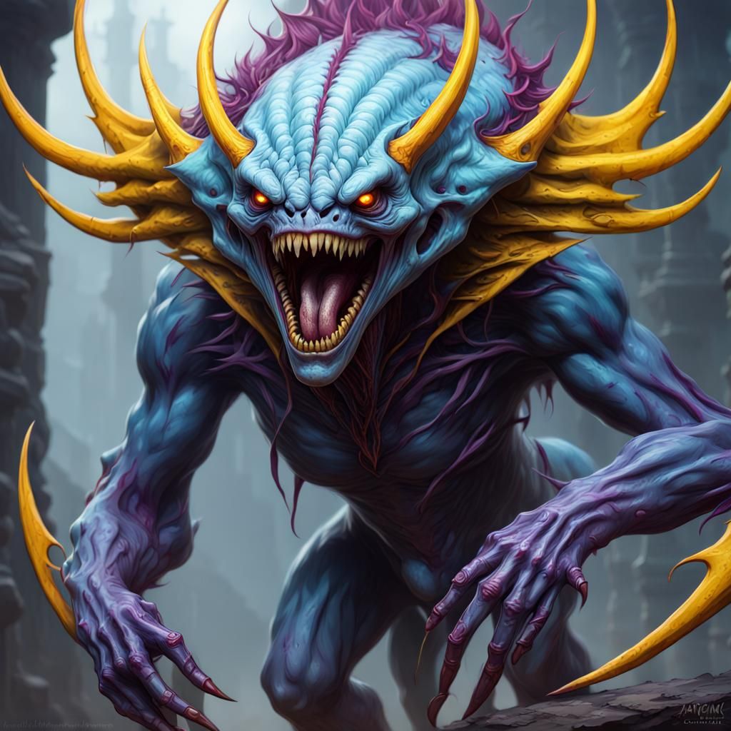 Vicious Blue Alien with Sharp Teeth in Dark Fantasy