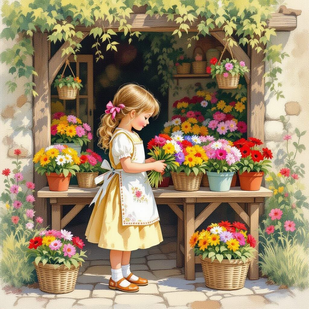 Charming Flower Girl at Quaint Flower Stall