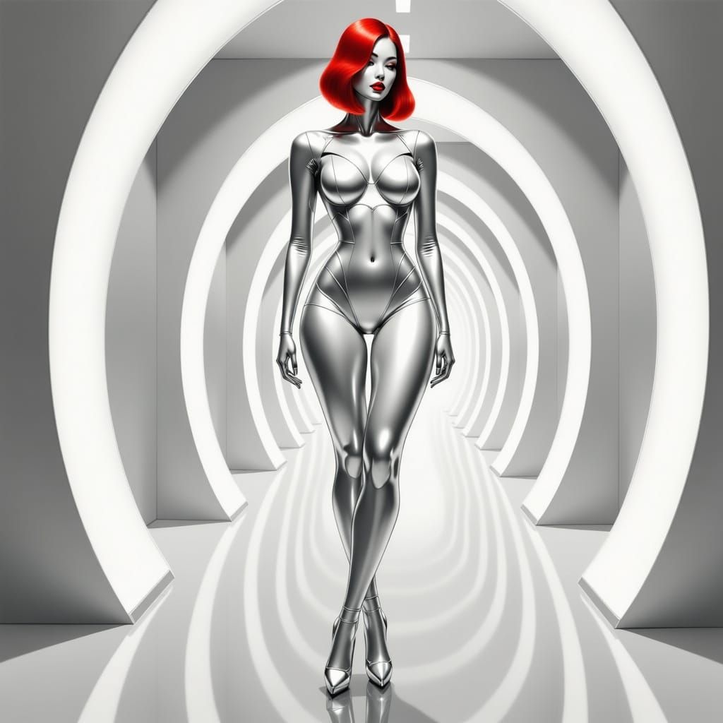 Futuristic Robot Pin-Up Model in High-Tech White Corridor