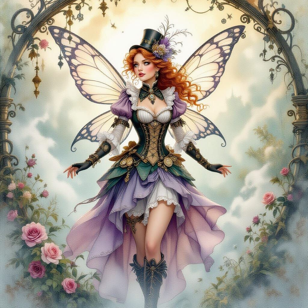 Steampunk Fairy in Ethereal Victorian Landscape