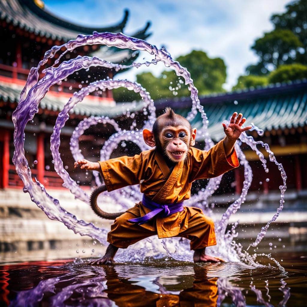 Cute Shaolin Monkey's Martial Arts Water Dance