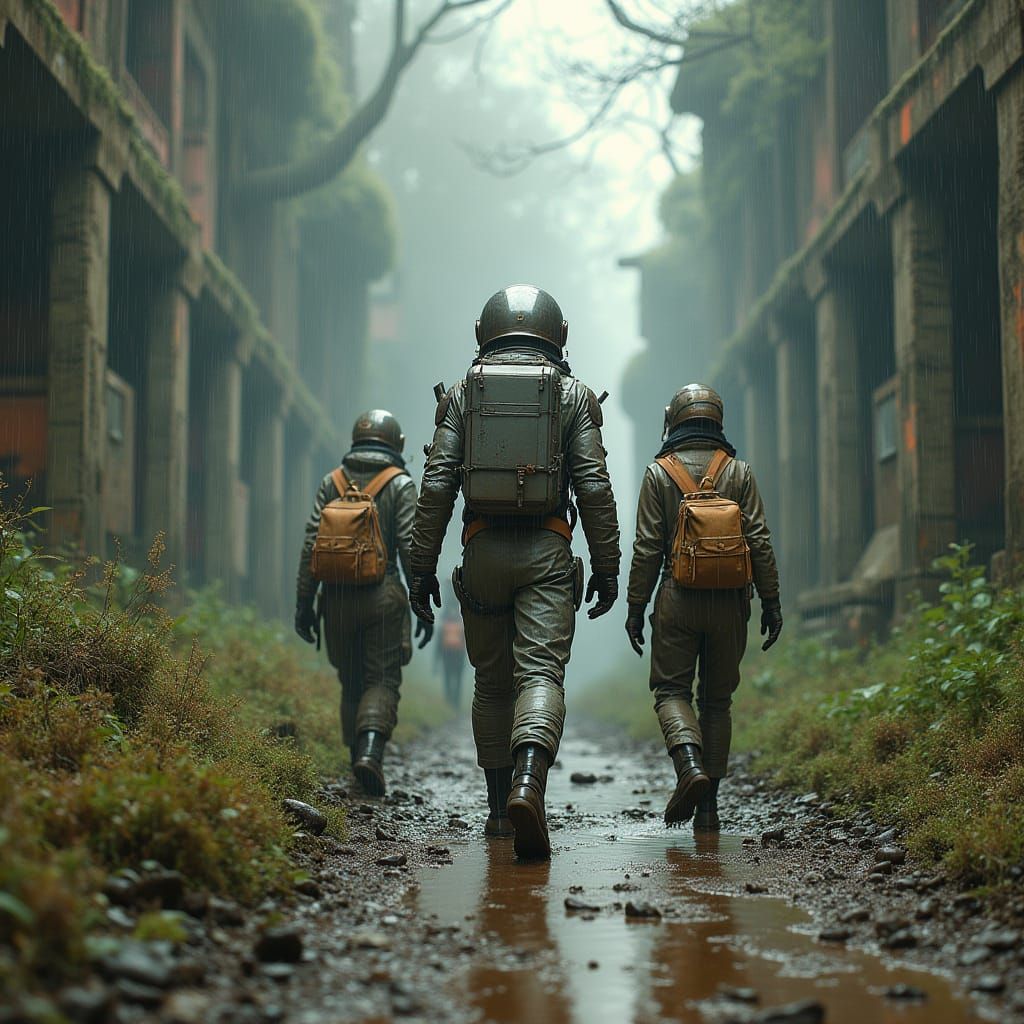 Astronauts Explore Jungle Ruins in the Rain
