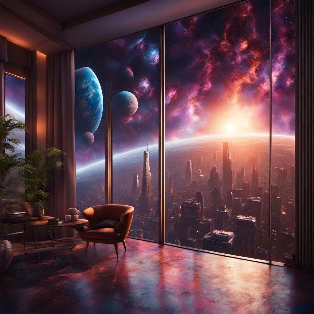 Cosmic Space Hotel Room in Detailed Matte Painting