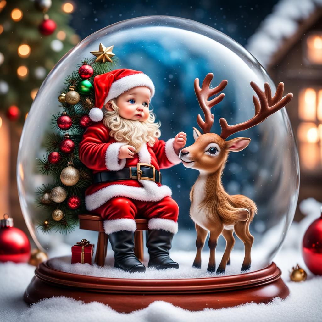 Baby Santa and Reindeer in Snow Globe