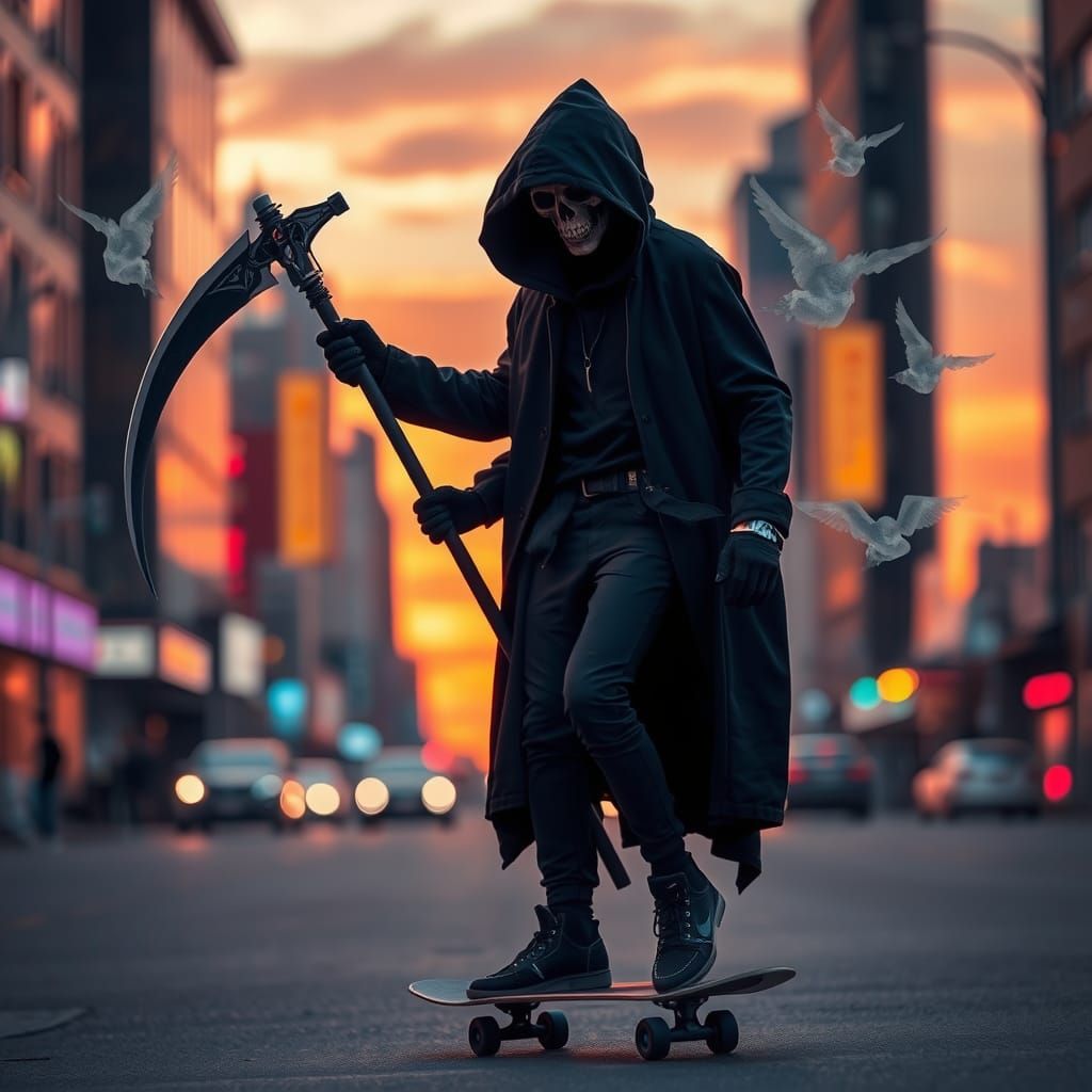 Grim Reaper Skateboarding Through City at Dusk