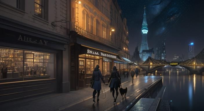 City Riverfront at Night with Milky Way